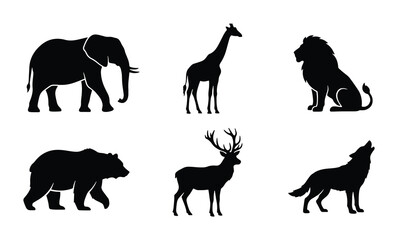 Fototapeta premium Silhouette Wildlife Icons: Elephant, Giraffe, Lion, Bear, Deer, Wolf Vector Set. Wild Animal Graphics for Nature and Safari Themes.
