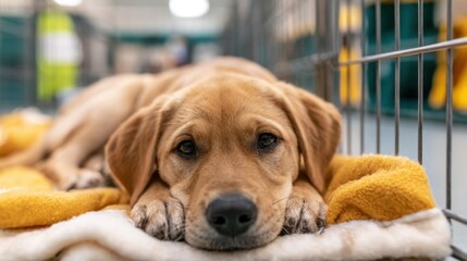 Naklejka na ściany i meble Close-up of a brown dog lying on blanket inside metal cage, looking sad with soulful eyes, shelter animal resting on soft bedding in kennel environment indoors