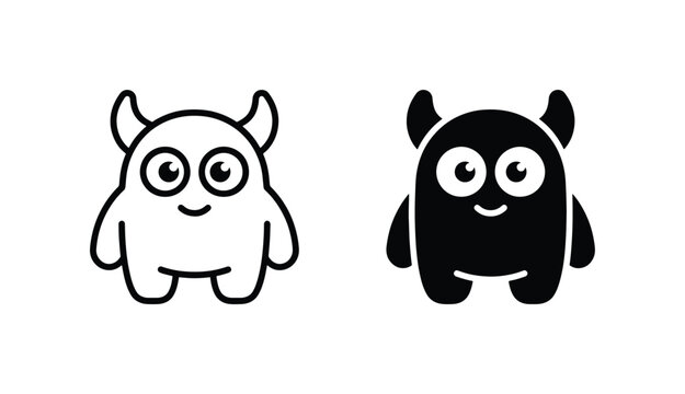 Cute Cartoon Monster Icons, Black and White Vector Characters, Simple Kawaii Creature Graphics, Playful Halloween Design Elements