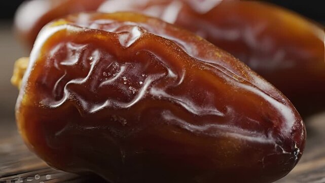 Closeup Macro Shot of Ripe Medjool Dates on a Wooden Surface.