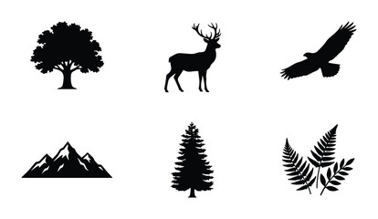 Nature Silhouette Icons: Majestic Deer, Soaring Eagle, Evergreen Tree, Mountain Range, Oak Tree, Ferns. Essential Wildlife & Landscape Vector Graphics for Outdoor Themes. © Sharifa