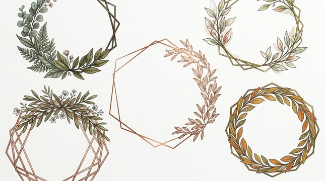 Set of Elegant Botanical Geometric Wreaths - Eucalyptus and Olive Leaf Frames for Wedding Invitations
