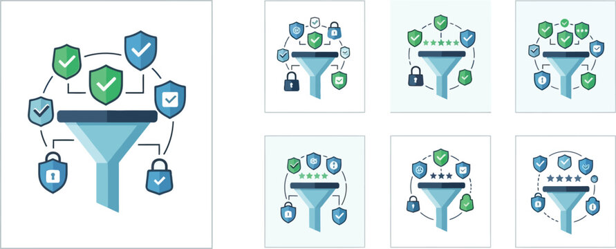 Data Filtering Concept: Security Shields and Padlocks Flowing Through Funnel
