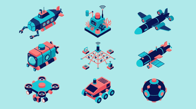 Collection of isometric futuristic robots and vehicles for exploration and technology.