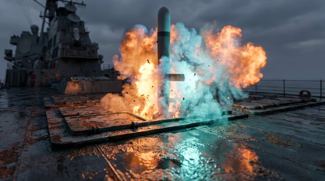 A powerful missile launches from a modern warship's deck, creating a dramatic display of fiery orange and blue smoke against a cloudy sky. Illustrates military might and advanced naval defense.