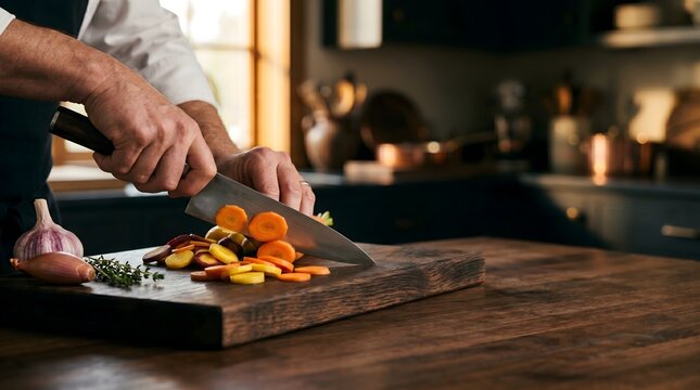 Close up of professional chef hands slicing fresh organic rainbow carrots on a rustic wooden cutting board in a luxury kitchen setting