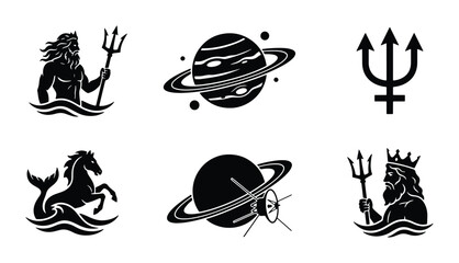Mythological Sea Gods, Celestial Planets, and Ancient Symbols: Black and White Vector Icons for Cosmic and Maritime Themes © Nazia