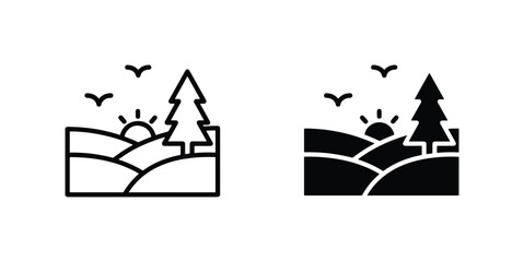 Minimalist Landscape Icons: Sunrise Over Rolling Hills, Evergreen Tree, and Birds in Flight, Vector Art for Nature and Outdoors Themes © MdZahirul