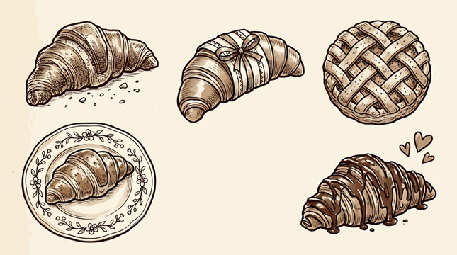 Croissants and sweet breads on plate with hearts and chocolate drizzle