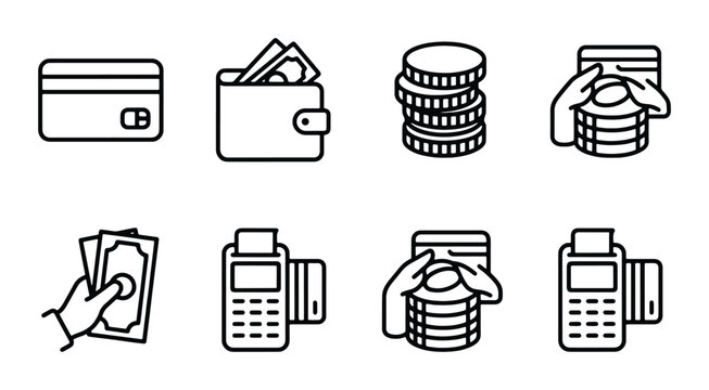 Finance Icons: Wallet, Credit Card, Cash, Coins, Payment Terminal, Transactions, Money Management, Financial Services