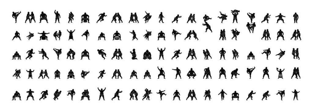 Sumo Wrestling Athlete Silhouette Collection Vector Icons Japanese Martial Arts Sport Poses