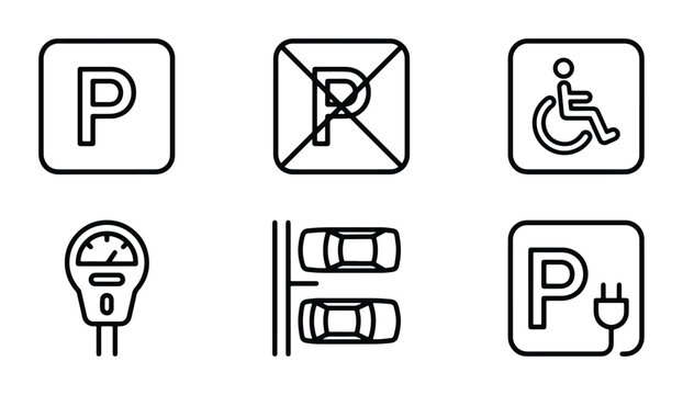 Parking Icons Set: Electric Vehicle Charging, Disabled Access, Meter, No Parking Symbols, Vector Graphics for Urban Planning and Transportation