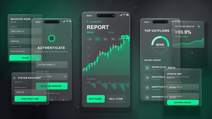 Obraz premium Dark neon mobile app UI kit with authentication forms, market report chart, outflow dashboard, security update panels, and grid background