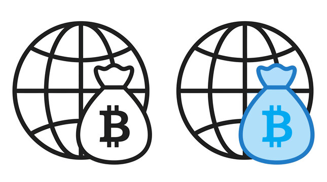 Bitcoin money bag and globe icons in black and blue colors  cryptocurrency concept