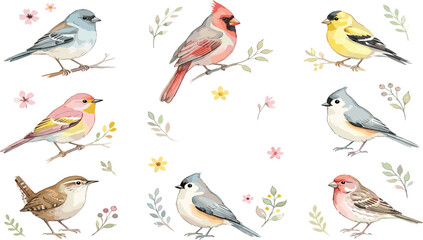 PrintWatercolor Garden Birds Collection — Soft Floral Nature Illustration Set © MdMonoar