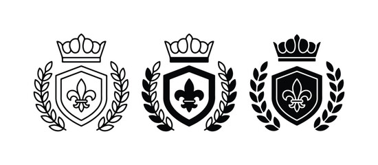 Royal Crest Icons Set, Fleur de Lis Emblem, Crown and Laurel Wreath, Heraldic Symbols, Vector Graphics © Masud