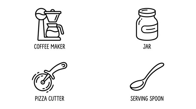 Simple line icons showcasing essential kitchen and food tools including coffee maker jar pizza cutter and serving spoon