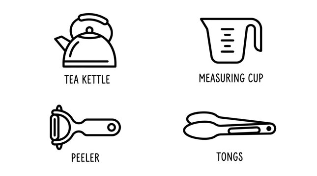 Set of kitchen tools including tea kettle measuring cup peeler tongs with simple line art illustrations