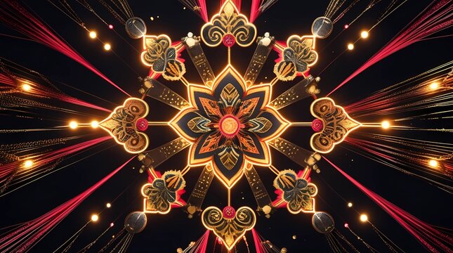 Radiant Sumatran songket gold thread 
weaving pattern glowing with crimson 
energy, traditional Indonesian textile 
concept on dark background