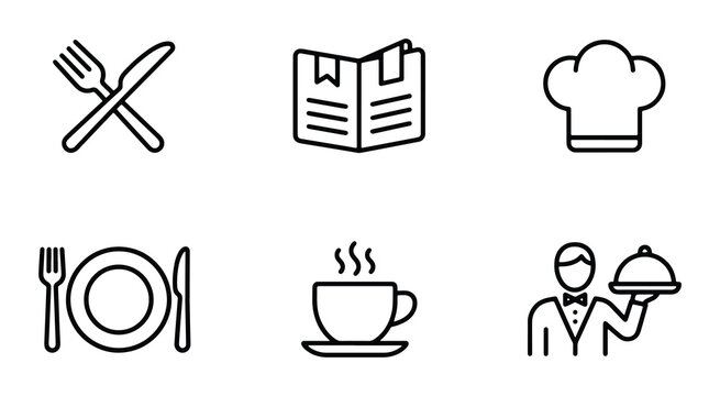 Restaurant Service Icons: Fork, Knife, Plate, Chef Hat, Coffee Cup, Waiter, Book, Menu, Culinary, Hospitality, Food Business, Cafe