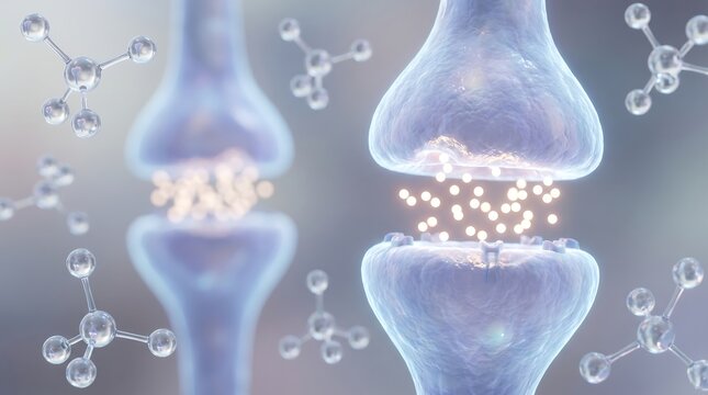 Detailed 3d visualization of neural synapse with glowing neurotransmitters crossing synaptic gap between neurons surrounded by floating glass molecular structures for medical research