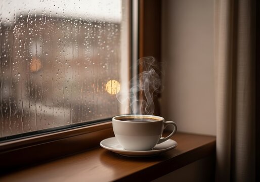 A steaming hot cup of coffee sitting on a wooden windowsill while it rains outside the glass window. kaffe pause 
