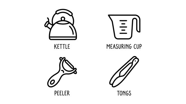 Essential tools for preparing beverages and kitchen tasks including kettle measuring cup peeler tongs