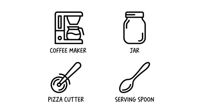 Line Drawing of Kitchen Utensils Including Coffee Maker Jar Pizza Cutter and Serving Spoon