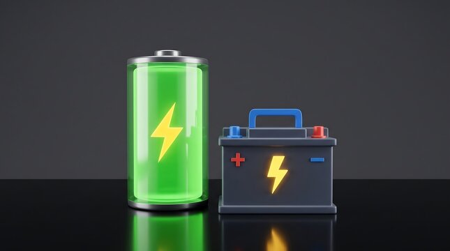 Comparison of modern lithium ion battery next to traditional lead acid car battery with bright yellow energy lightning bolt symbols representing energy storage and power evolution