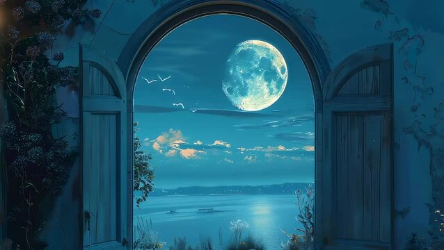 Full moon shining over the sea view through an open wooden window frame. Night landscape inspired by Ramadan theme. Serene scenery for holiday religious greeting.