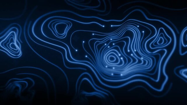 Futuristic digital topographic map with glowing neon contour lines, abstract 3D terrain visualization, modern data technology and cyber landscape concept
