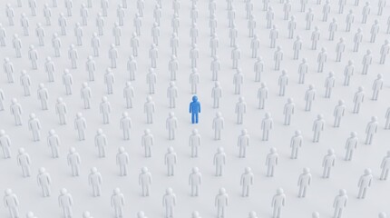 Fototapeta premium One blue human figure standing out from a crowd of uniform white figures representing uniqueness leadership individuality and unconventional thinking in a social or corporate environment