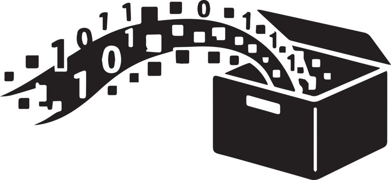 Binary code data flowing into an open cardboard box