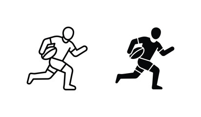 Fototapeta premium Rugby Player Icon Set, Two Styles: Outline and Solid Silhouette, Action Sport Vector Graphics for Game Design and Athletic Branding