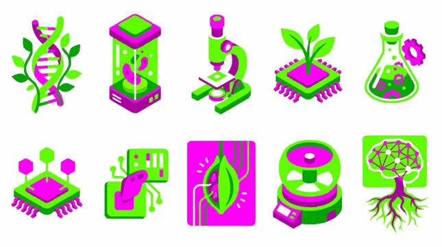 Set of isometric icons representing biotechnology, genetic engineering, and scientific research.