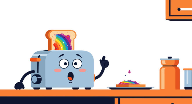 Surprised toaster with rainbow toast in kitchen