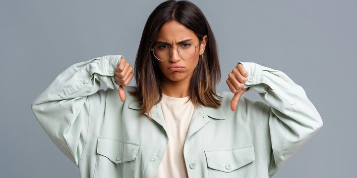 Young woman showing thumbs down with displeased expression studio