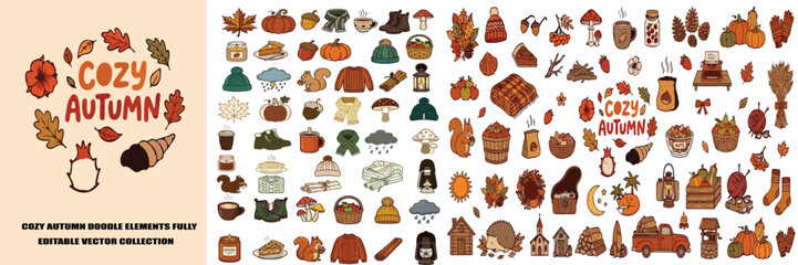 Cozy Autumn Doodles Elements Pack, Hand Drawn Fall Vector Collection, Rustic Seasonal Icons with Pumpkins Leaves and Warm Clothing © s graphics 