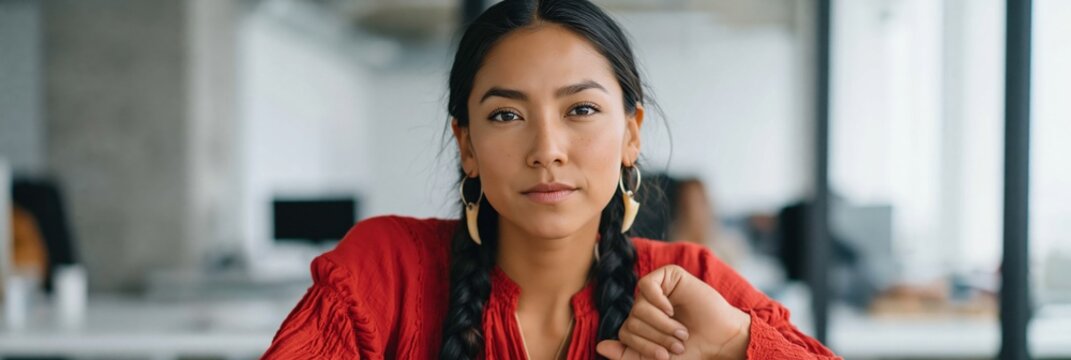 Young woman looking at wristwatch in modern office environment