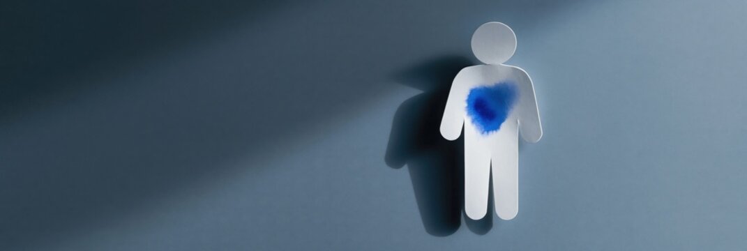 Paper cutout person with blue chest stain casting shadow on surface
