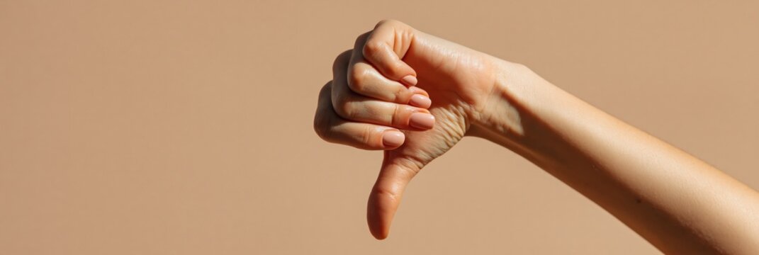 Female hand showing thumbs down on neutral background