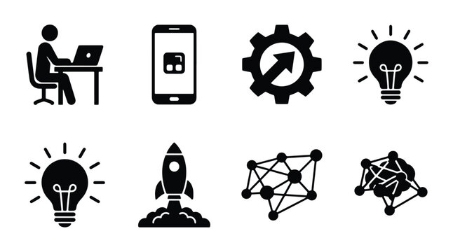 Startup Icons Set: Rocket Launch, Brainstorming, Business Growth, Technology, Innovation, Mobile App, Workflow