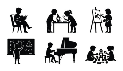 Children's Activities Vector Icons: Education, Art, Music, Play, Science, Reading Silhouettes © Nazia