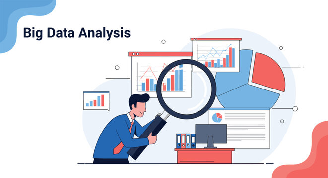 Professional man uses a large magnifying glass to analyze various data charts and graphs for big data analysis tasks.