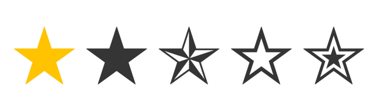 Star icon set. Golden and black stars, rating, review, yellow star symbol on white background - stock vector.