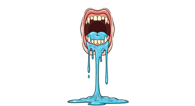 Open monster mouth with sharp fangs and a blue tongue drips a thick glowing blue slime down to a puddle below.