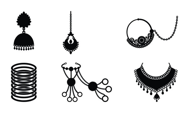 Indian Bridal Jewelry Icons Set, Traditional Ethnic Ornaments Collection, Vector Silhouettes for Wedding Design