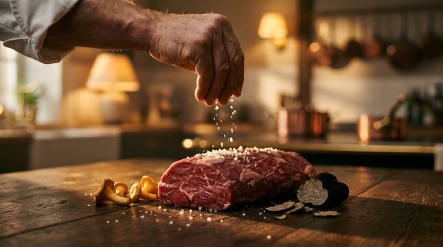 Seasoned Raw Beef Preparation on Wooden Table in Warm Kitchen Lighting, Cooking Process Close-Up View