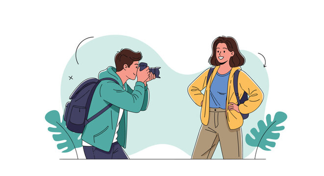 Male photographer with a backpack taking a picture of a smiling woman posing with her hands on her hips, flat vector travel illustration.