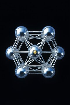 Abstract metallic model with interconnected spheres and rods, beautifully reflecting light on a dark background.